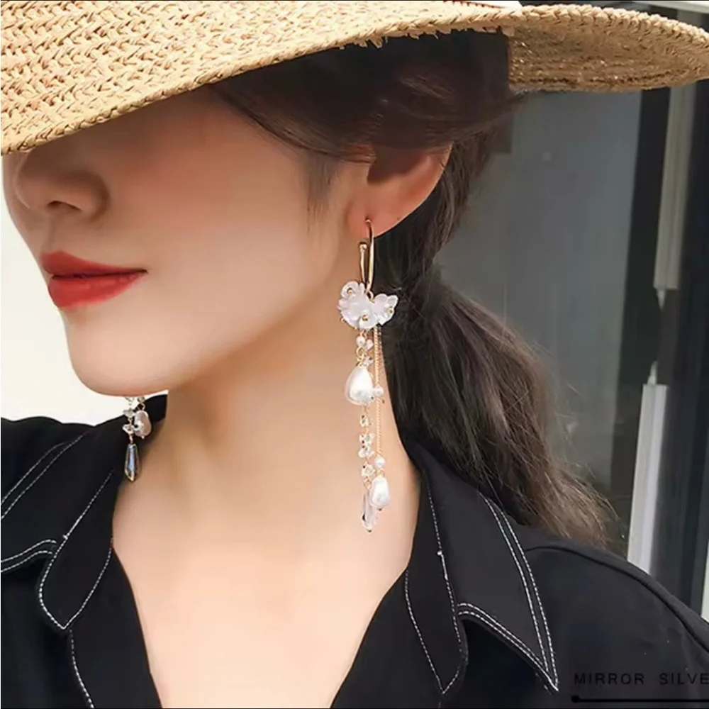 New Gold Translucent Crystal Pebble White Pearl Floral Drop Earrings